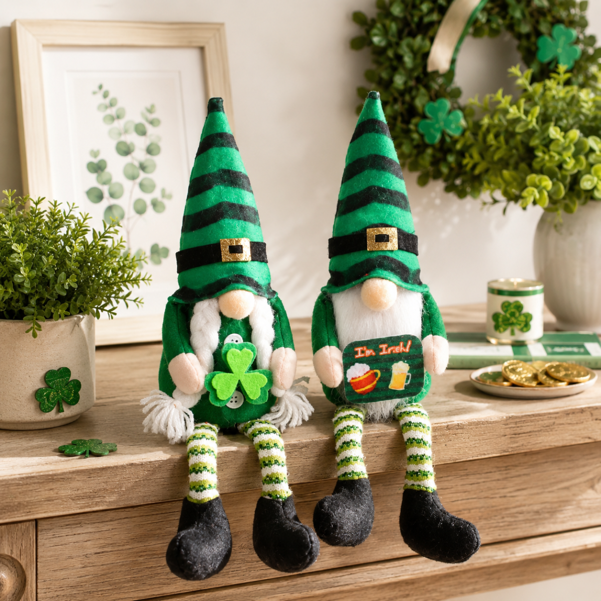 2 Pcs St Patrick's Day Gnome Plush Set, Irish Shamrock Shelf Sitter Decor