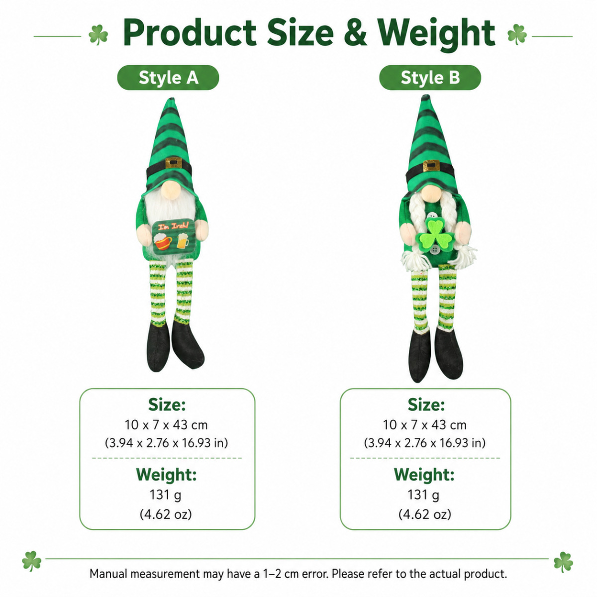 2 Pcs St Patrick's Day Gnome Plush Set, Irish Shamrock Shelf Sitter Decor