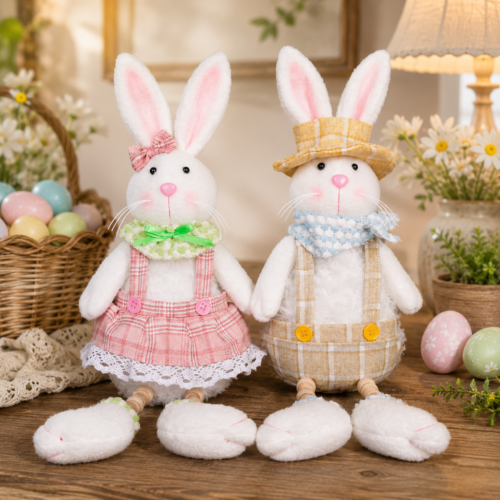 2 Pcs Easter Bunny Plush Dolls Set, Spring Rabbit Shelf Sitter Decor