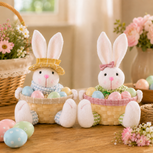 2 Pcs Easter Bunny Basket Plush Dolls Set, Spring Shelf Sitter Decor