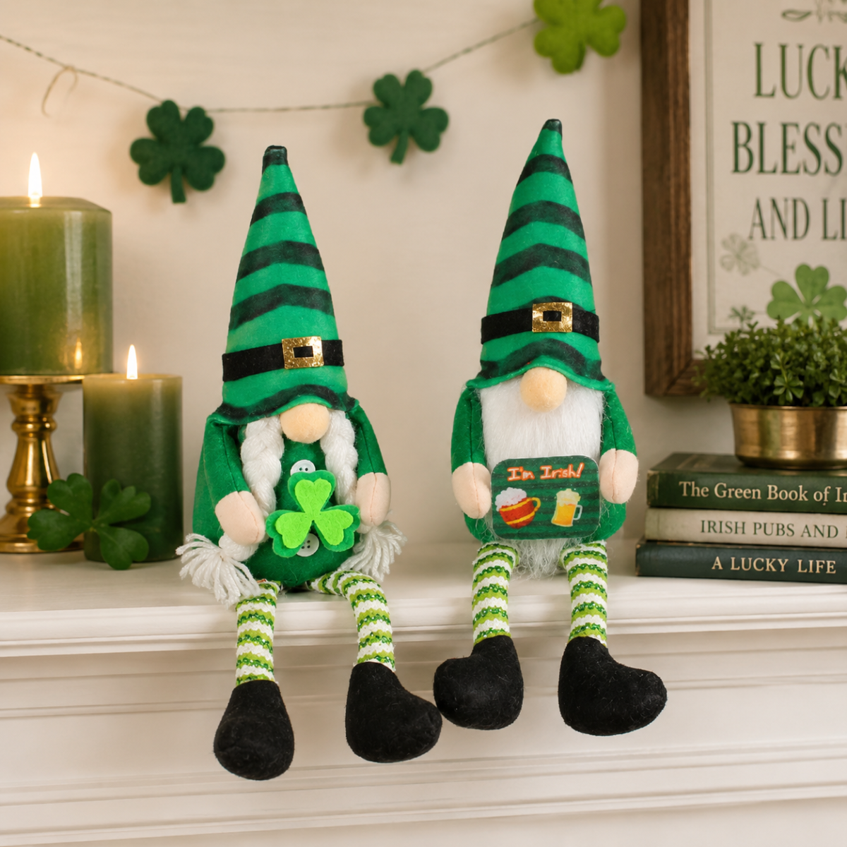 2 Pcs St Patrick's Day Gnome Plush Set, Irish Shamrock Shelf Sitter Decor