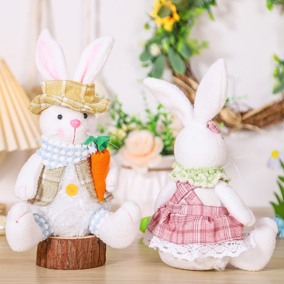 2 Pcs Easter Bunny Plush Dolls Set, Spring Rabbit Tabletop Decor