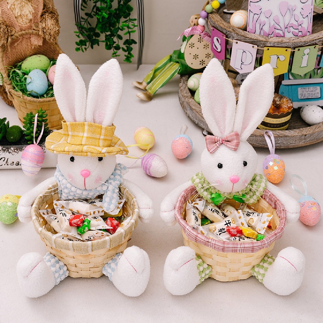 2 Pcs Easter Bunny Basket Plush Dolls Set, Spring Shelf Sitter Decor