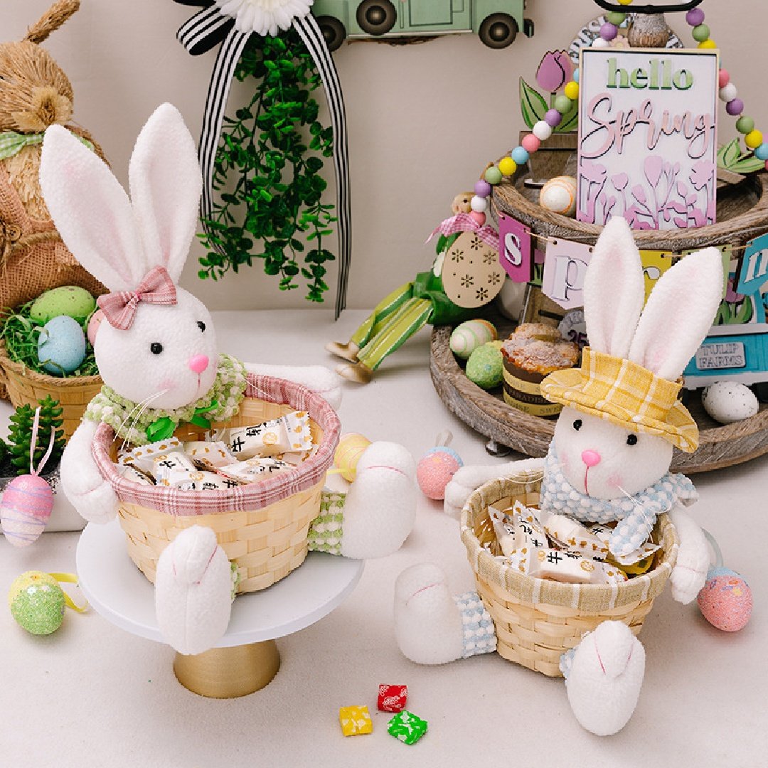 2 Pcs Easter Bunny Basket Plush Dolls Set, Spring Shelf Sitter Decor