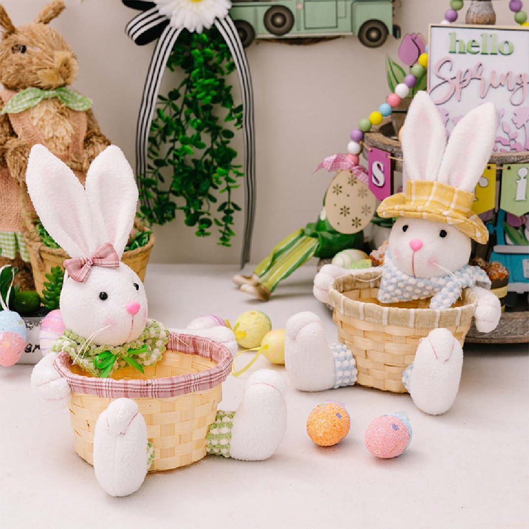 2 Pcs Easter Bunny Basket Plush Dolls Set, Spring Shelf Sitter Decor