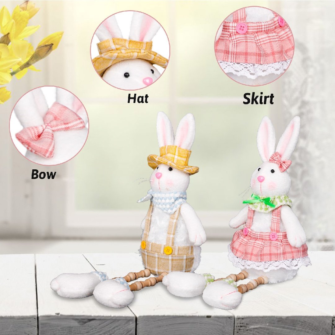2 Pcs Easter Bunny Plush Dolls Set, Spring Rabbit Shelf Sitter Decor
