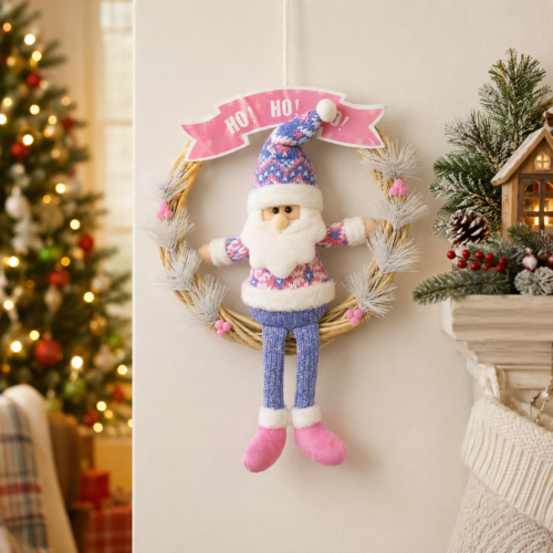 Cute Christmas Wreath Door Hanger with Plush Holiday Character and Pink Festive Banner