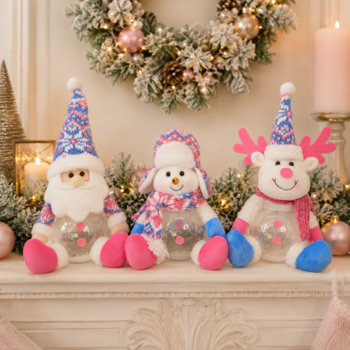 Christmas Candy Jars with Plush Santa Snowman Reindeer for Gifts & Table Decor