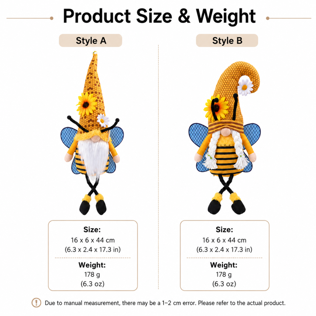 2 Pcs Bumble Bee Gnome Plush Dolls Set, Spring Summer Shelf Sitter Decor