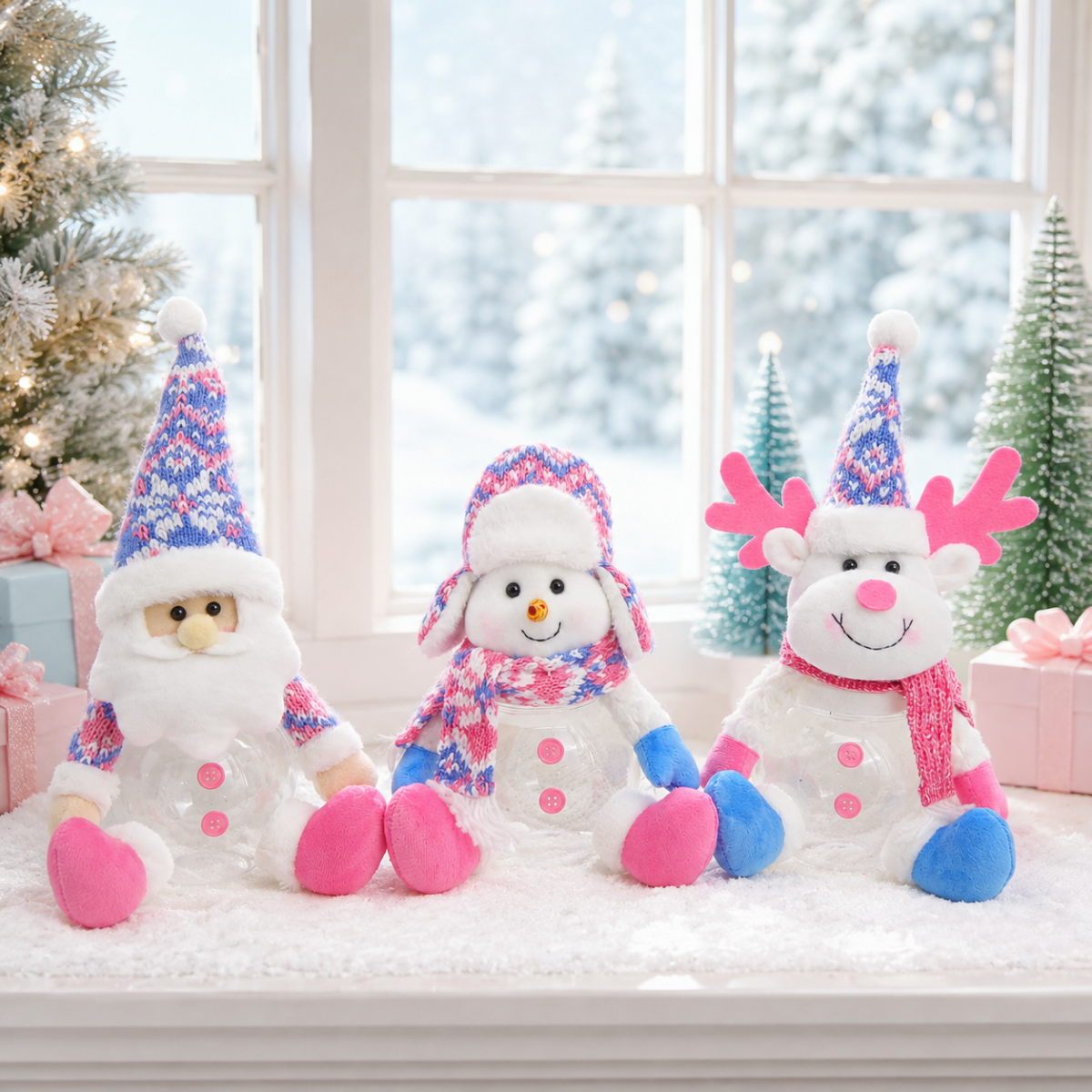 Christmas Candy Jars with Plush Santa Snowman Reindeer for Gifts & Table Decor