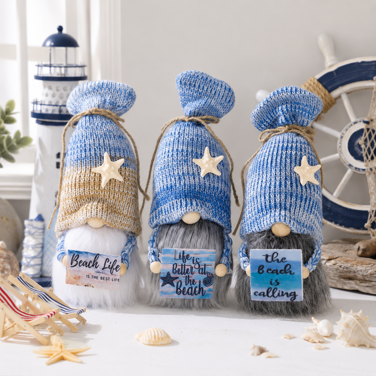 3 Pcs Beach Gnome Plush Dolls Set, Coastal Summer Shelf Sitter Decor