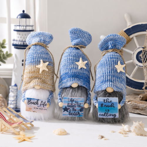 3 Pcs Beach Gnome Plush Dolls Set, Coastal Summer Shelf Sitter Decor