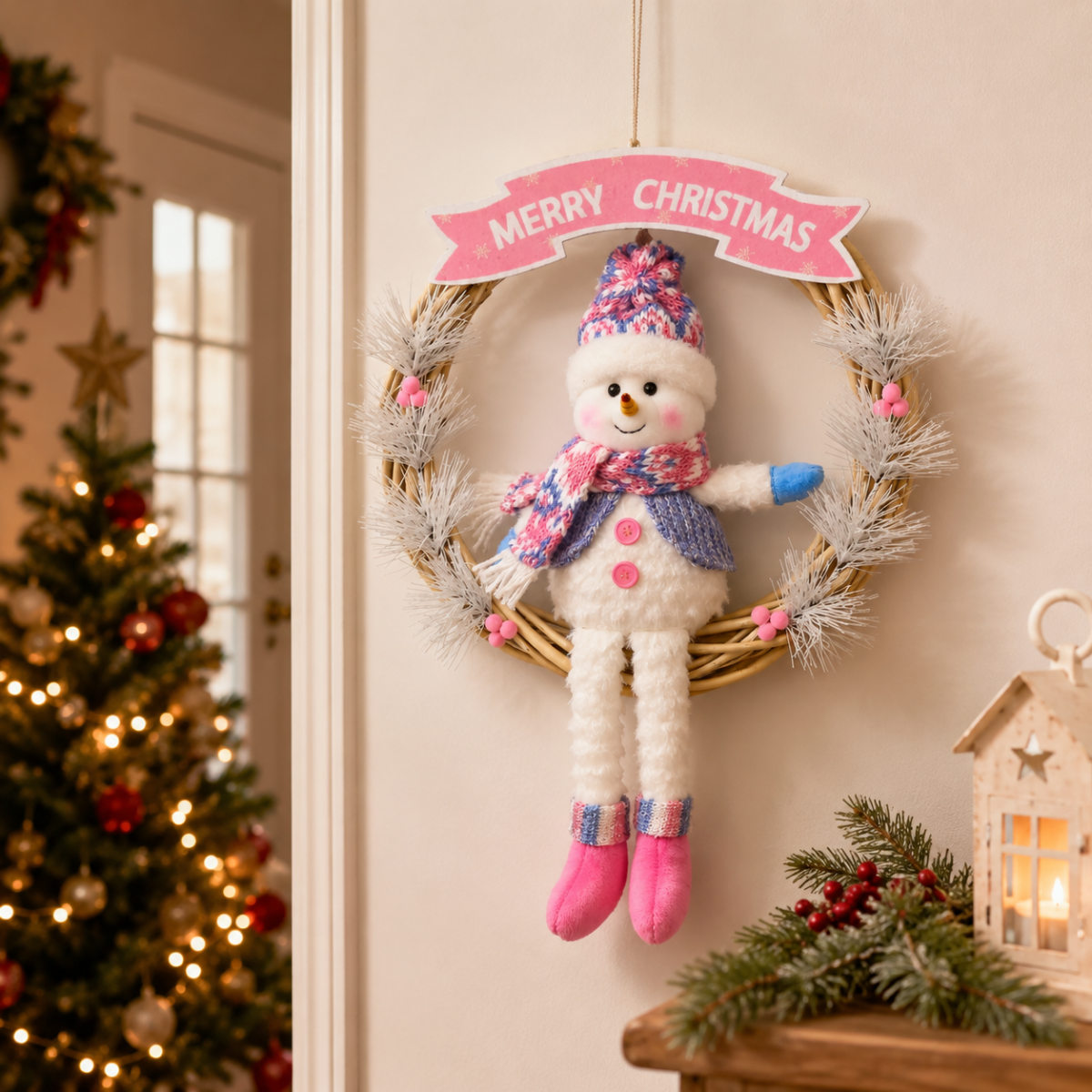 Cute Christmas Wreath Door Hanger with Plush Holiday Character and Pink Festive Banner