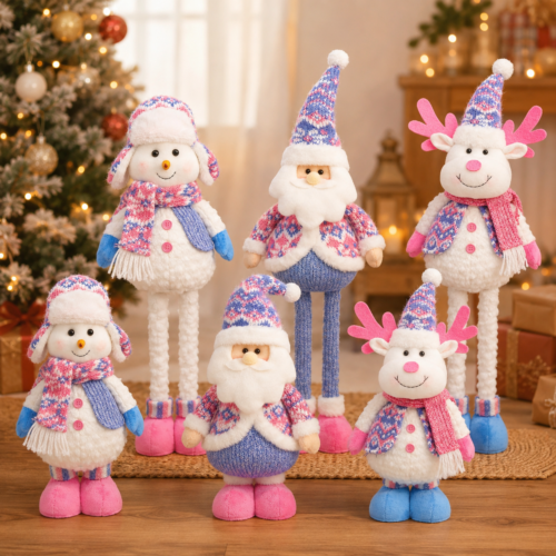 Christmas Plush Dolls with Retractable Legs, Santa Snowman Reindeer Standing Decor