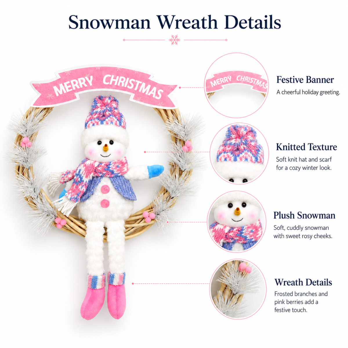 Cute Christmas Wreath Door Hanger with Plush Holiday Character and Pink Festive Banner