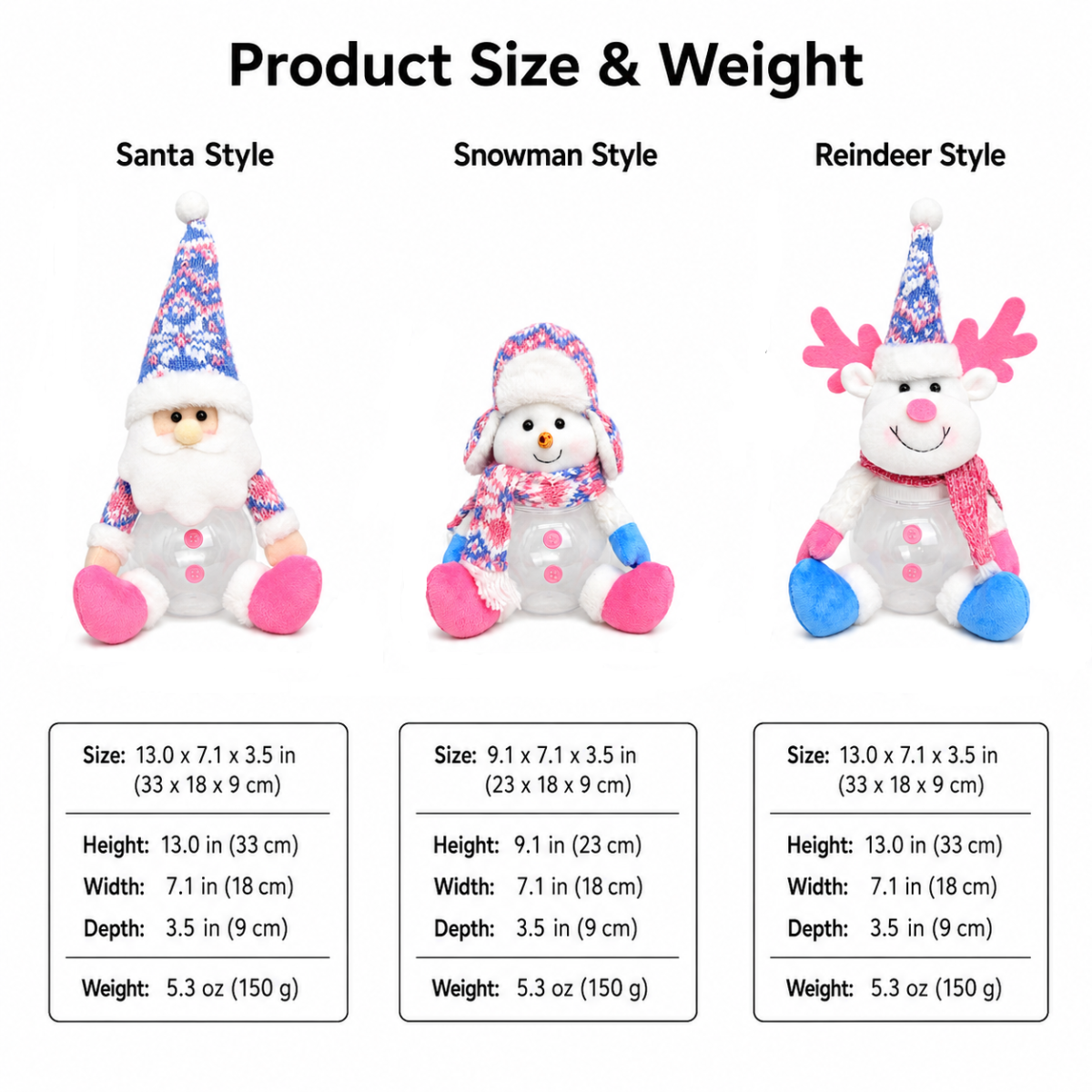 Christmas Candy Jars with Plush Santa Snowman Reindeer for Gifts & Table Decor