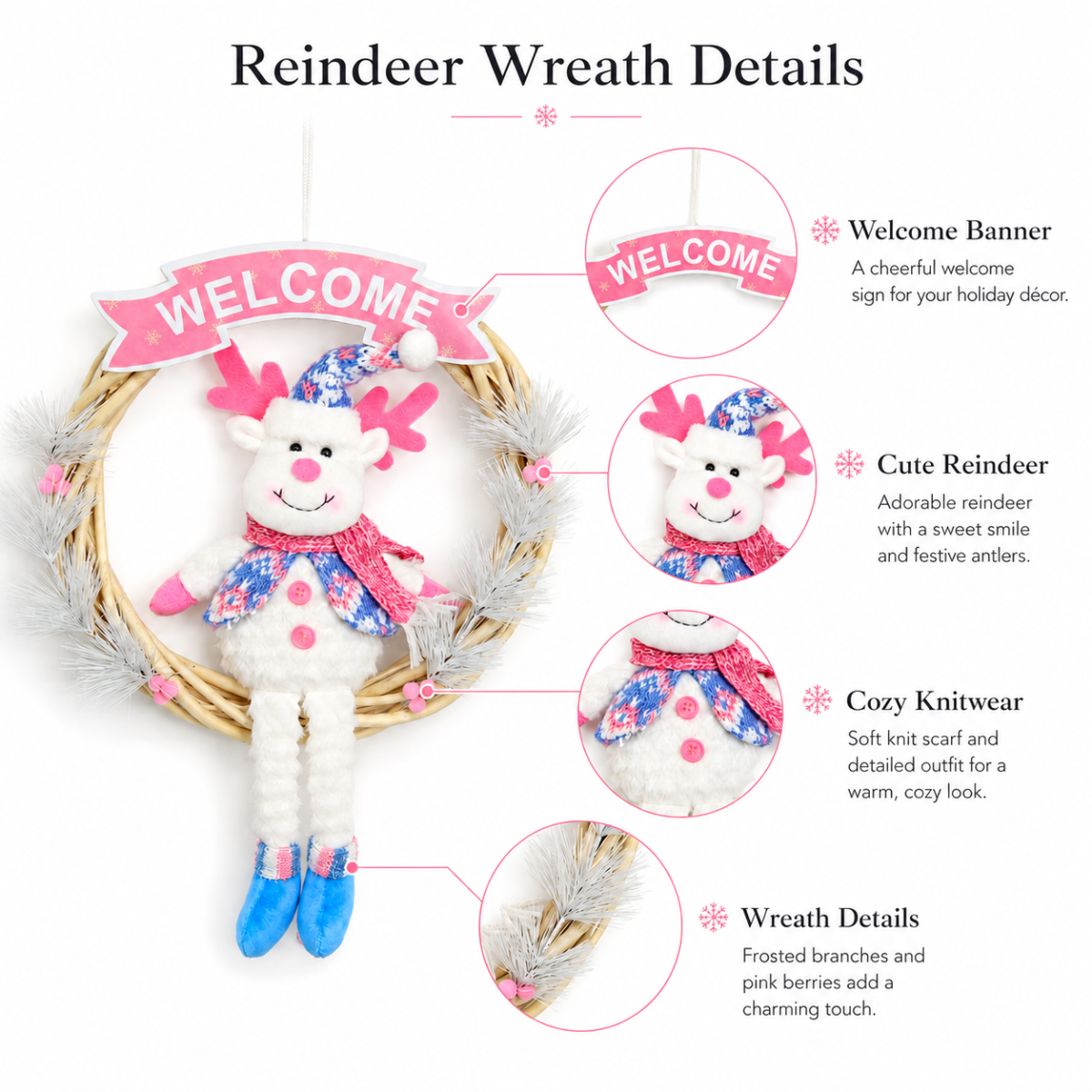 Cute Christmas Wreath Door Hanger with Plush Holiday Character and Pink Festive Banner