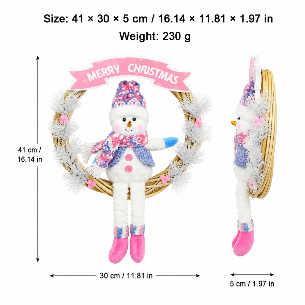 Cute Christmas Wreath Door Hanger with Plush Holiday Character and Pink Festive Banner