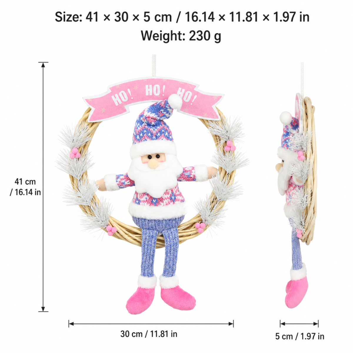 Cute Christmas Wreath Door Hanger with Plush Holiday Character and Pink Festive Banner
