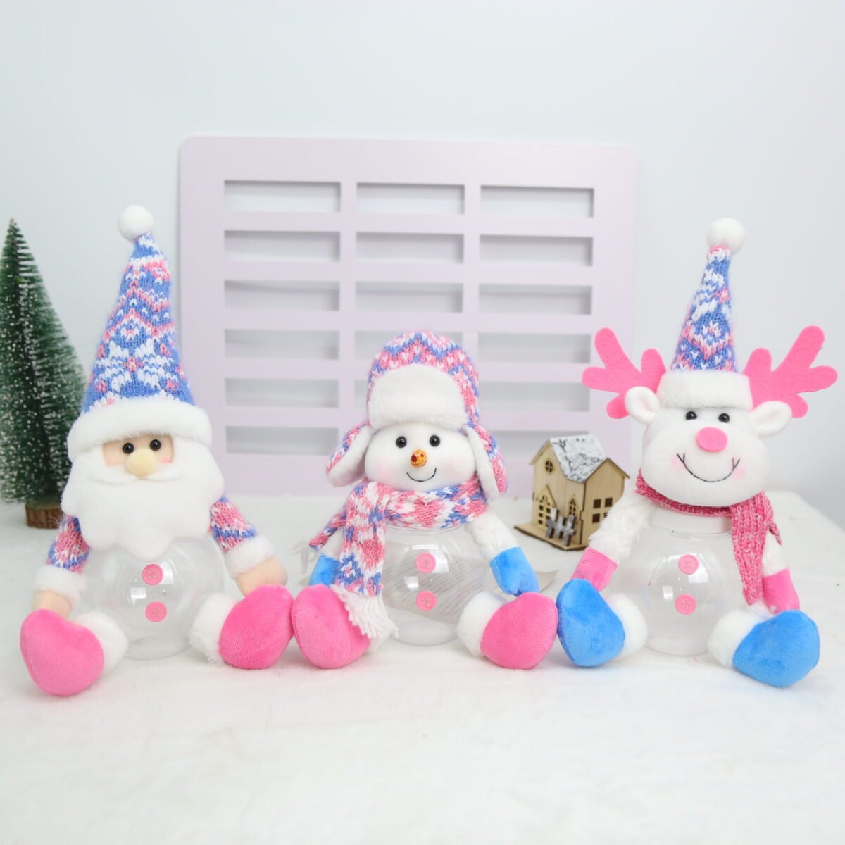 Christmas Candy Jars with Plush Santa Snowman Reindeer for Gifts & Table Decor