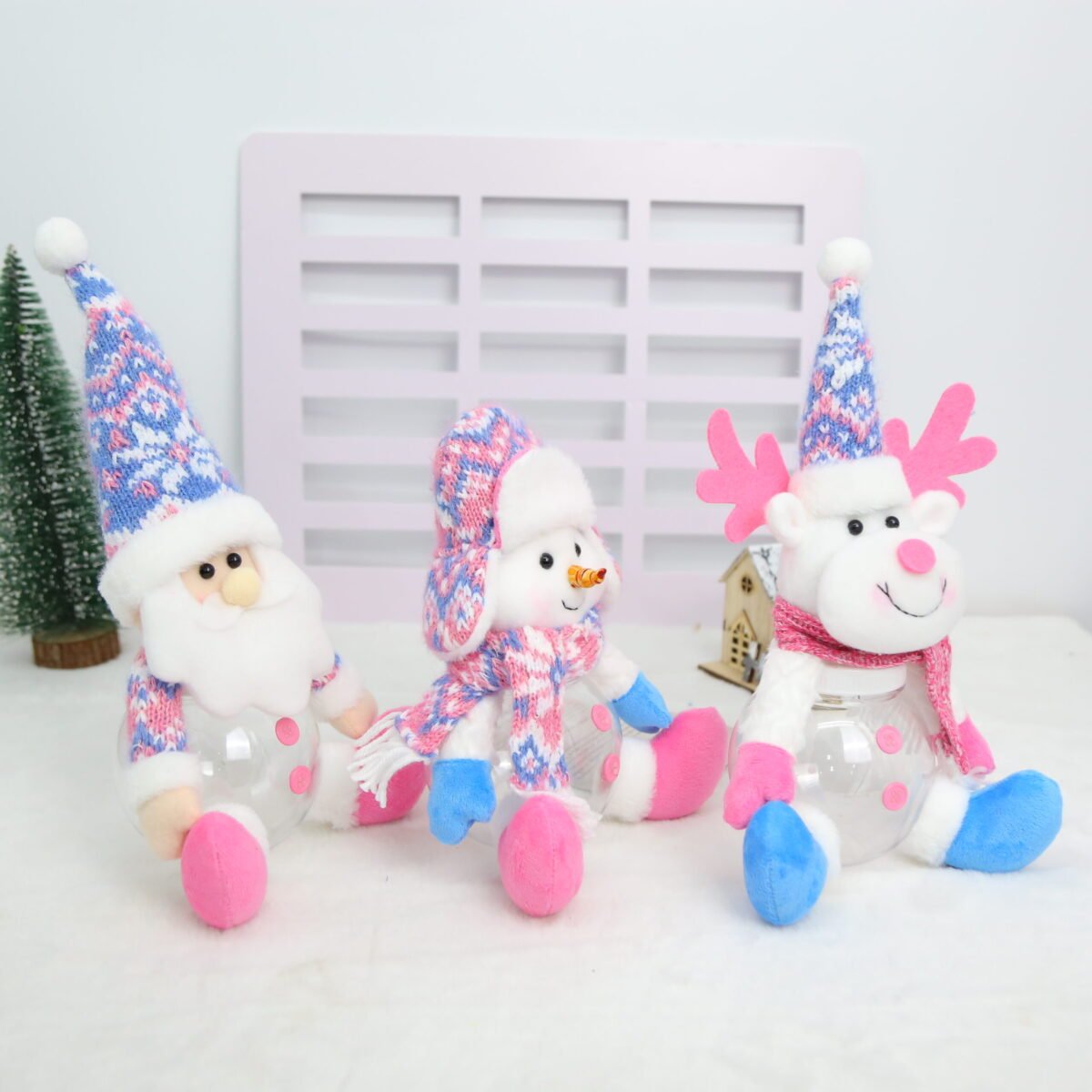 Christmas Candy Jars with Plush Santa Snowman Reindeer for Gifts & Table Decor