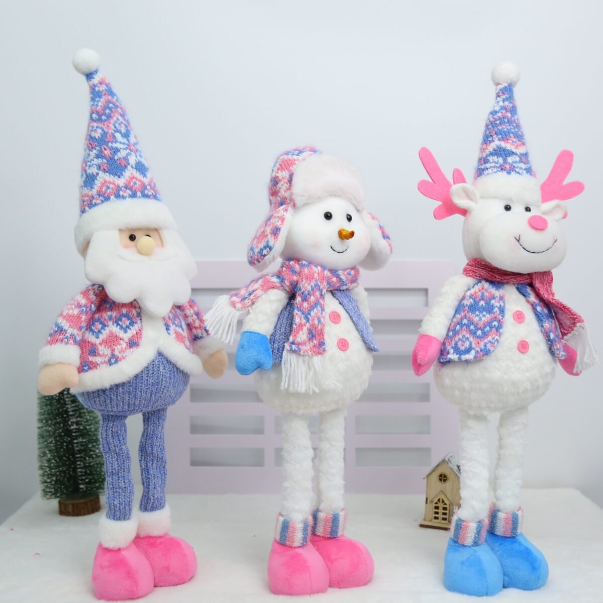 Christmas Plush Dolls with Retractable Legs, Santa Snowman Reindeer Standing Decor